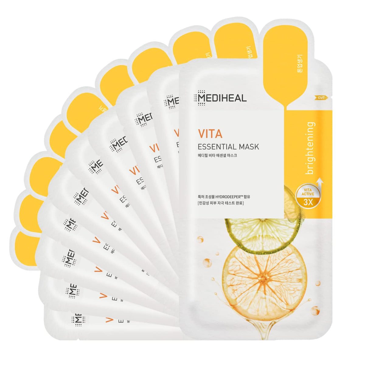 MEDIHEAL front packaging showing 10 vitamin sheet masks for instant radiance