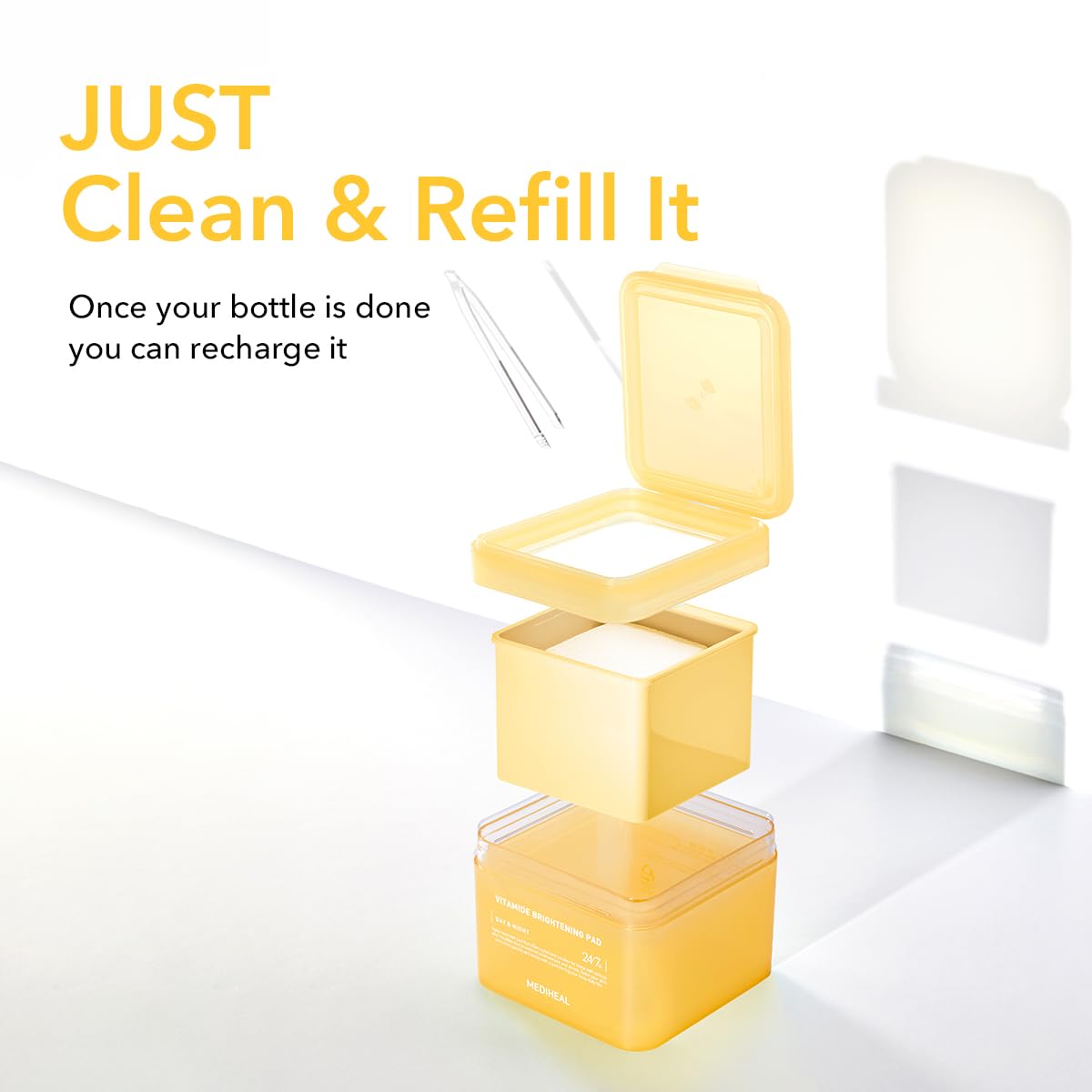 MEDIHEAL refill bundle flatlay showing 100 pads ready for replenishing case