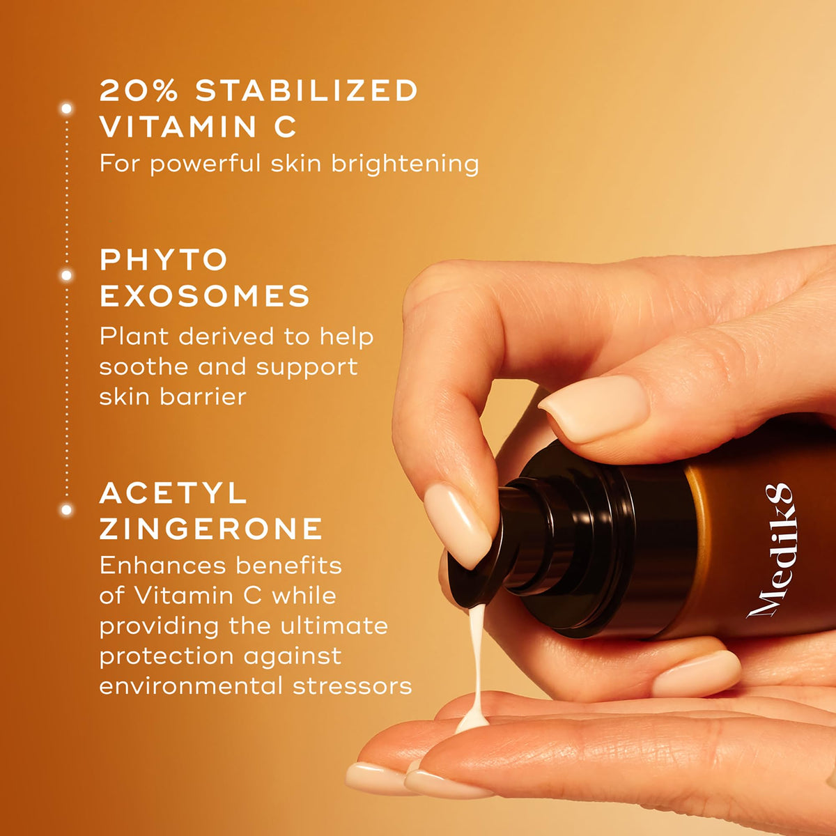 Medik8 C-Tetra applying serum on hand to show quick absorption benefit