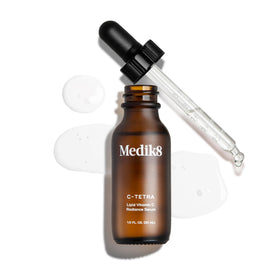 Medik8 bottle on bathroom shelf in morning routine scene, easy everyday use