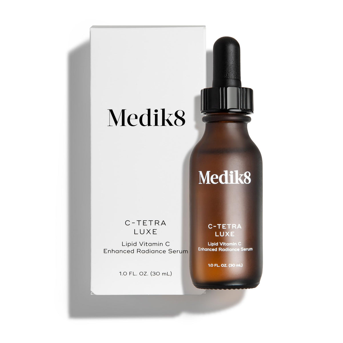 Medik8 front bottle view showing sleek packaging and daily serum benefit
