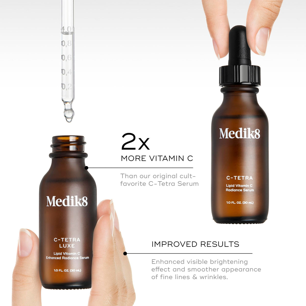 Medik8 ingredient label close-up showing vitamin C, squalane and vitamin E benefits