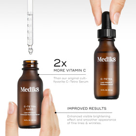 Medik8 ingredient label close-up showing vitamin C, squalane and vitamin E benefits