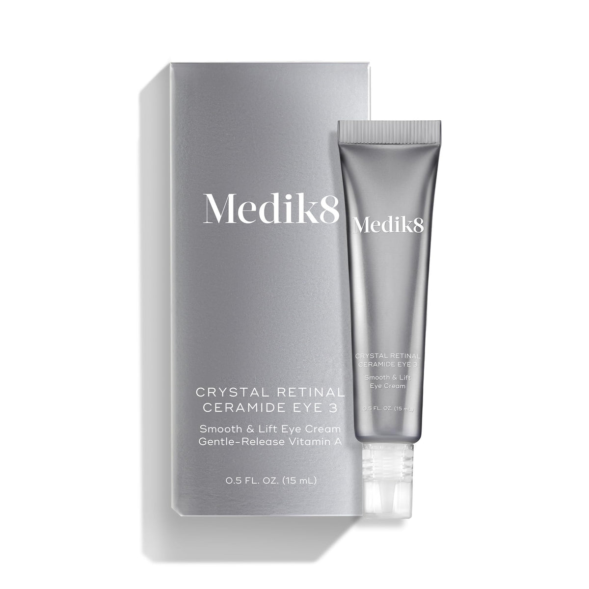 Medik8 eye cream on bathroom shelf with mirror for everyday routine