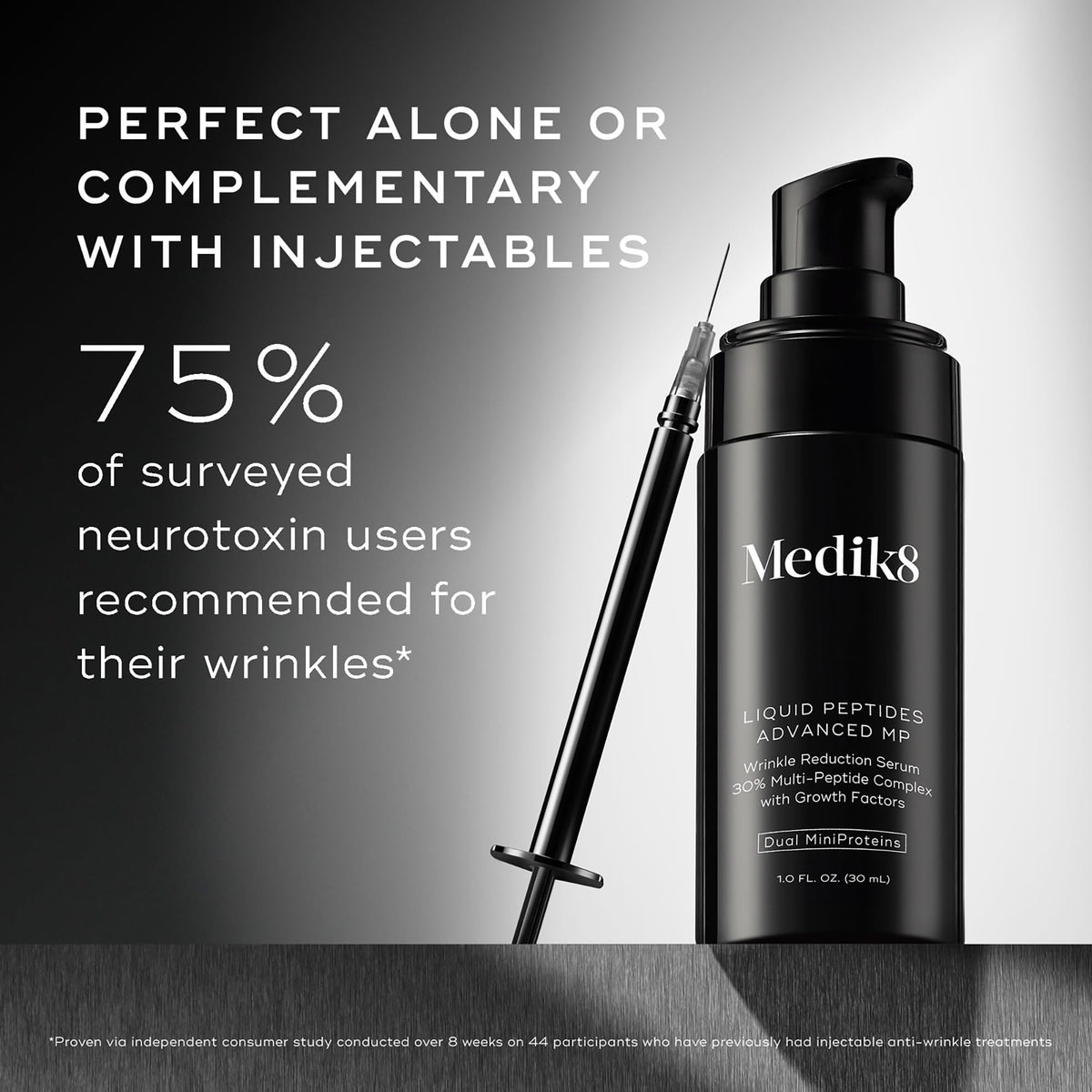 Medik8 bottle beside morning sink emphasizing daily use benefit