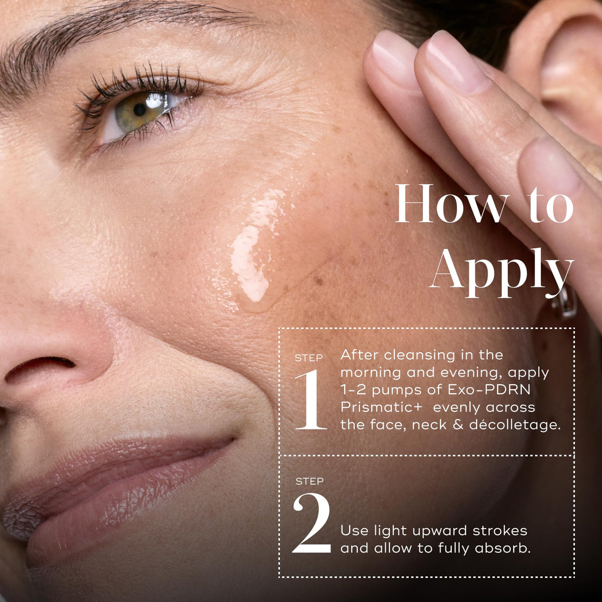 Medik8 Prismatic+ being applied to cheek, shows layering with skincare and hydration benefit