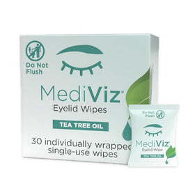 MEDIVIZ front packaging showing 30 single-use eyelid wipes for gentle cleansing