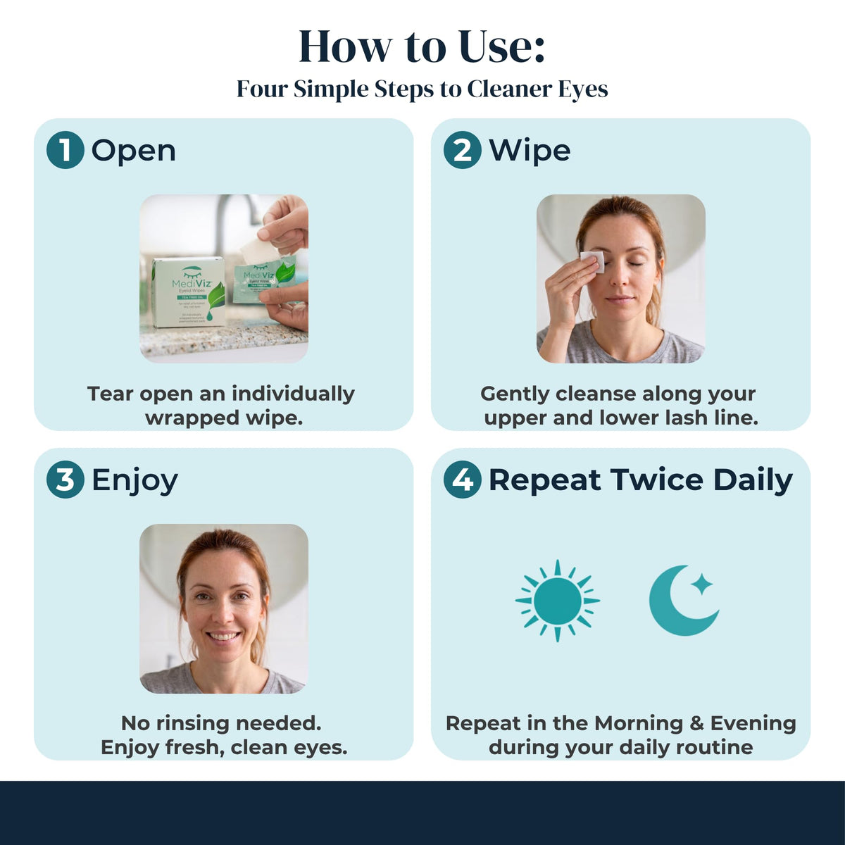 MEDIVIZ open single-use packet ready to remove eyelid debris without rinsing