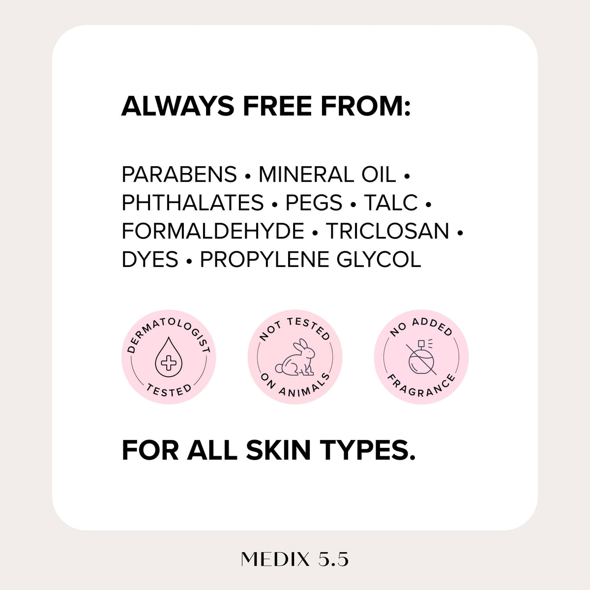 Medix 5.5 ingredients label close-up showing retinol, ferulic acid and soothing botanicals