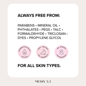 Medix 5.5 ingredients label close-up showing retinol, ferulic acid and soothing botanicals