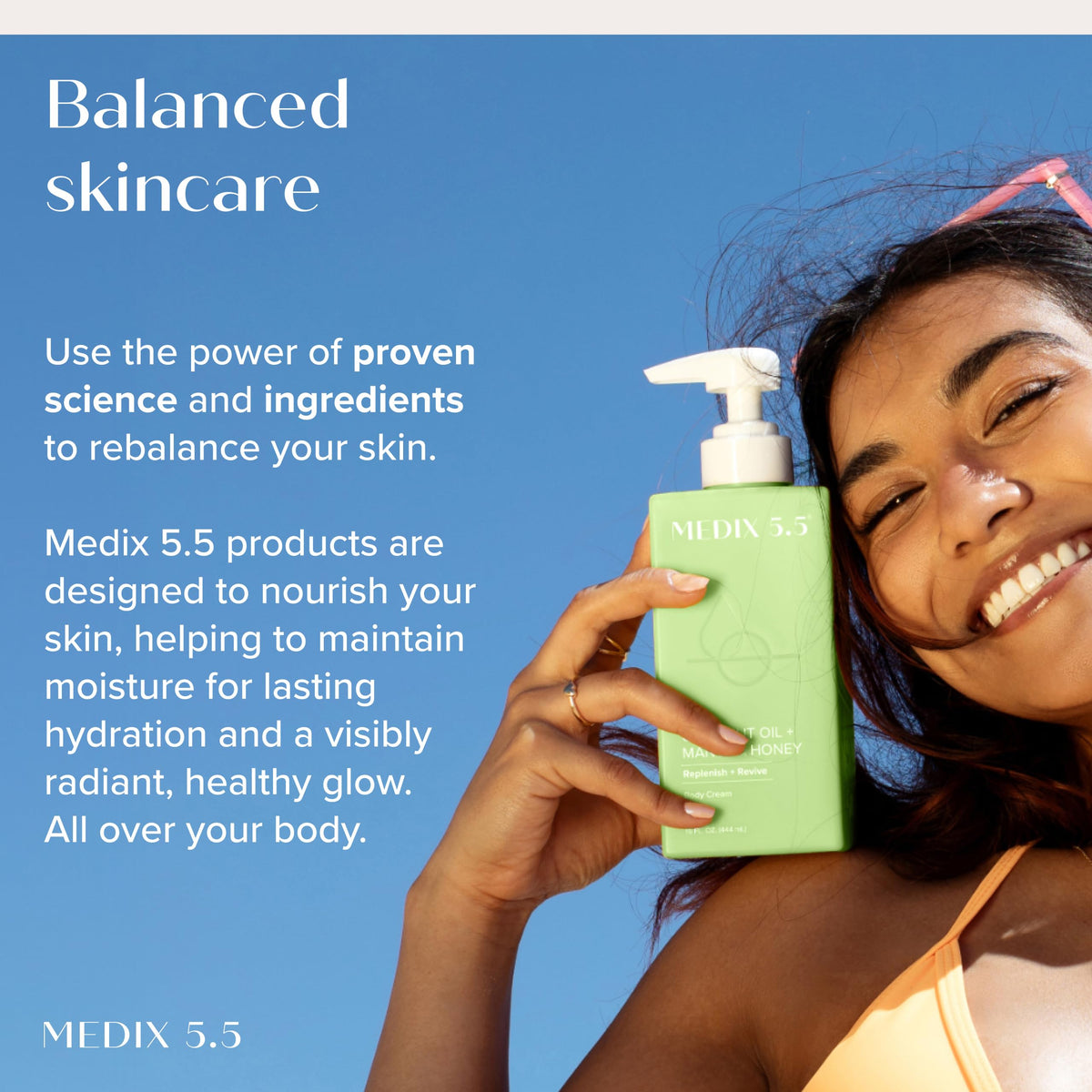 Medix 5.5 label detail with ingredient callouts, emphasizes clean formula transparency