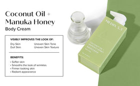 Medix 5.5 ingredients display with coconut and honey visuals, highlights natural actives
