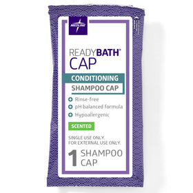 Medline ReadyBath box beside a single cap to show size and pack quantity