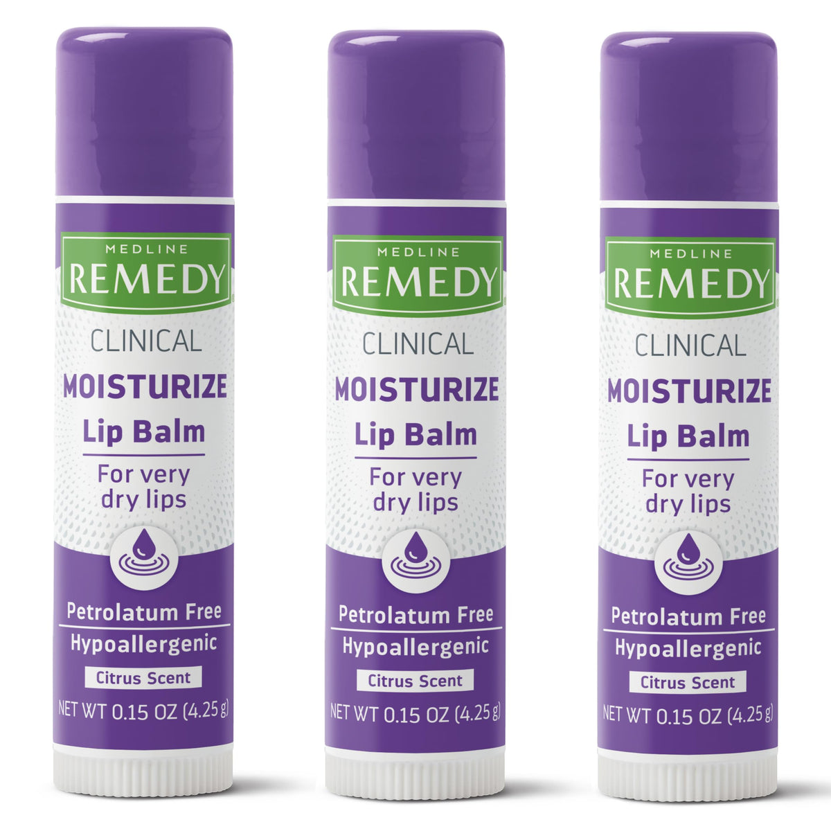 Medline Remedy front packaging showing three citrus-scented lip balms and calming benefits