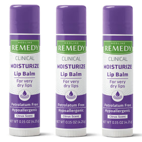 Medline Remedy front packaging showing three citrus-scented lip balms and calming benefits