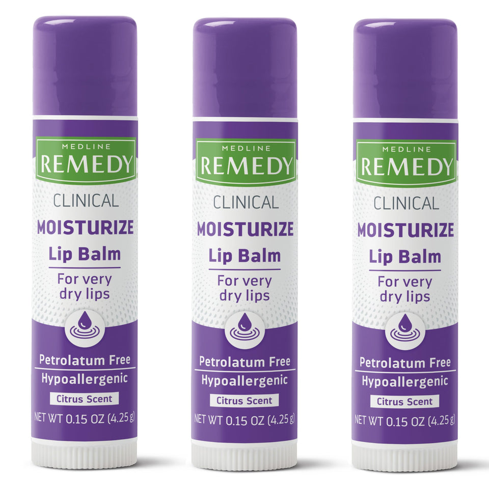 Medline Remedy front packaging showing three citrus-scented lip balms and calming benefits