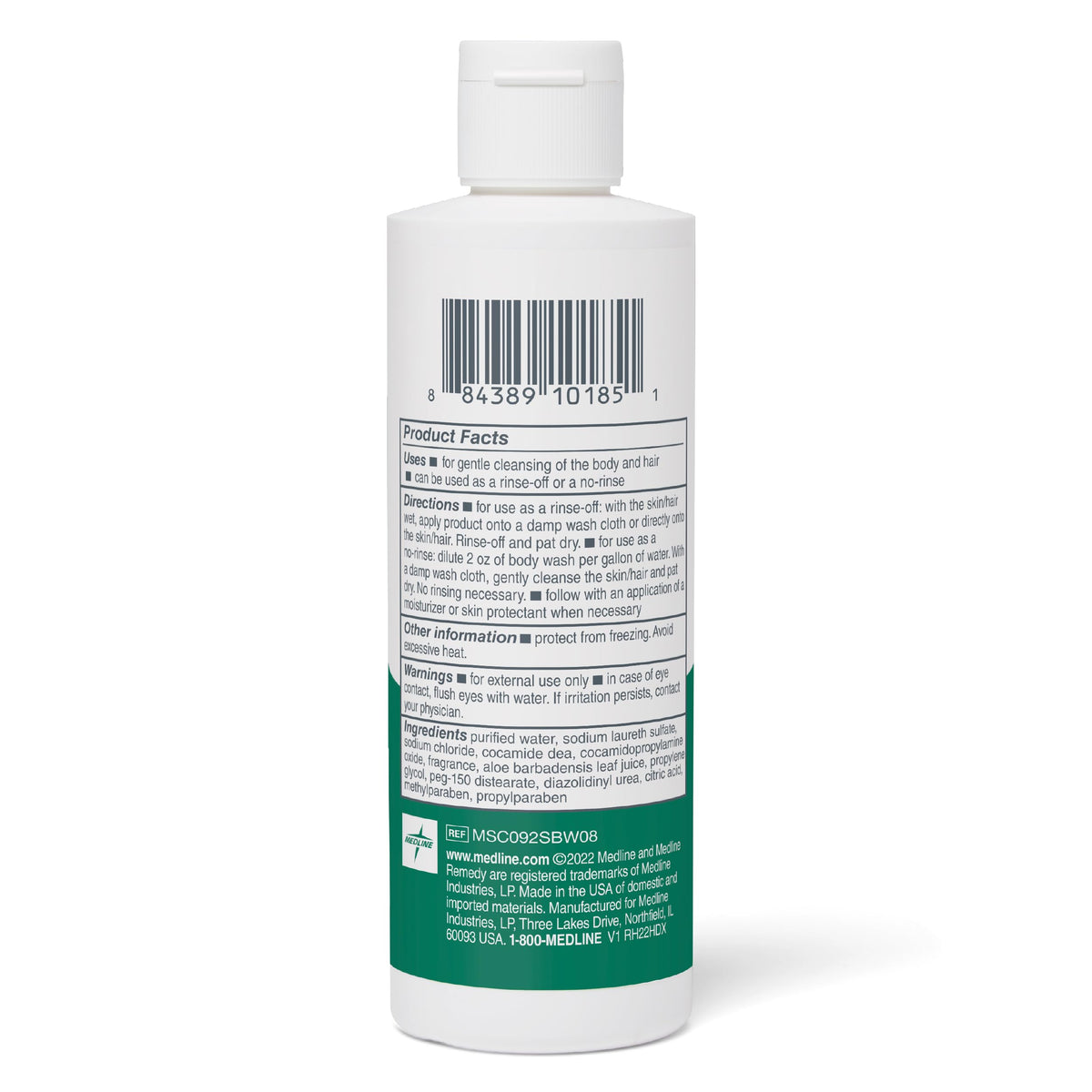 Medline Remedy Essentials label close-up showing hypoallergenic formulation and CHG compatibility for professional use