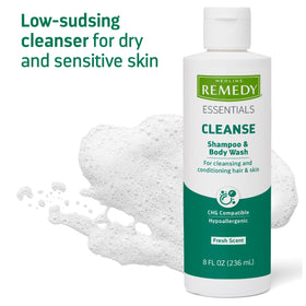 Medline Remedy Essentials being used in shower rinsing hair and body for full-body cleansing with gentle scent