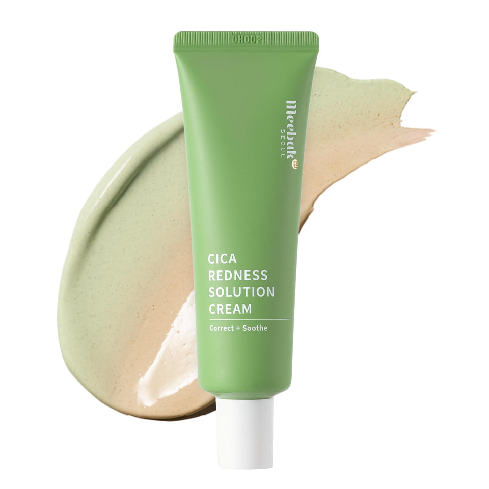 Meebak front packaging showing product and calming green tint benefits