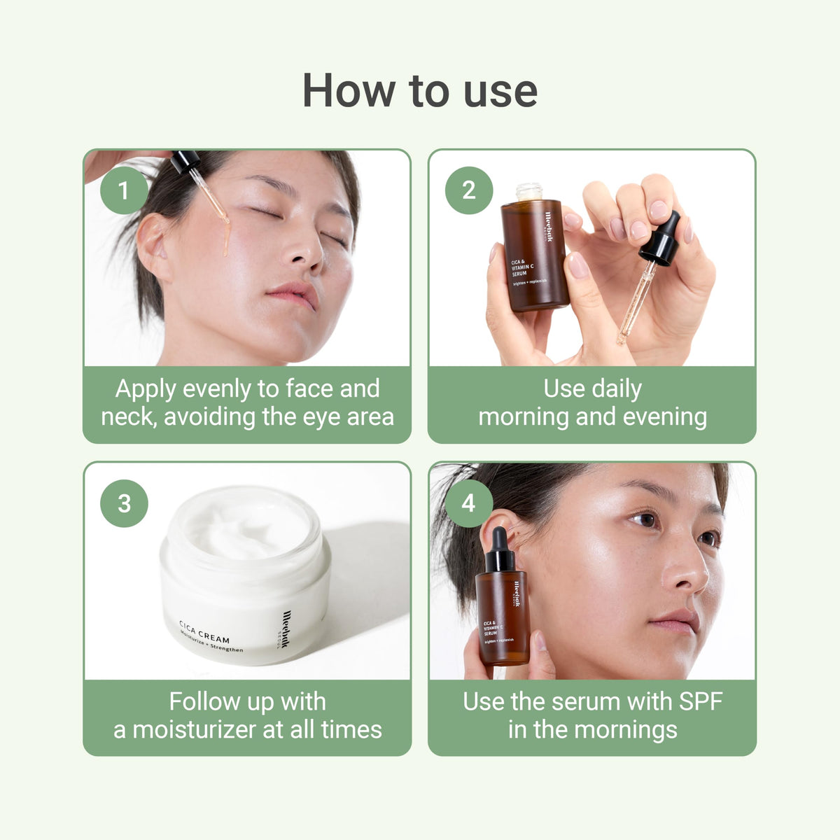 Meebak serum being applied to skin, illustrates calming hydration and evening of skin tone