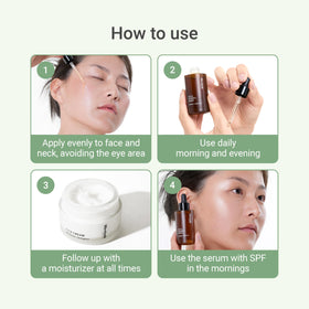 Meebak serum being applied to skin, illustrates calming hydration and evening of skin tone
