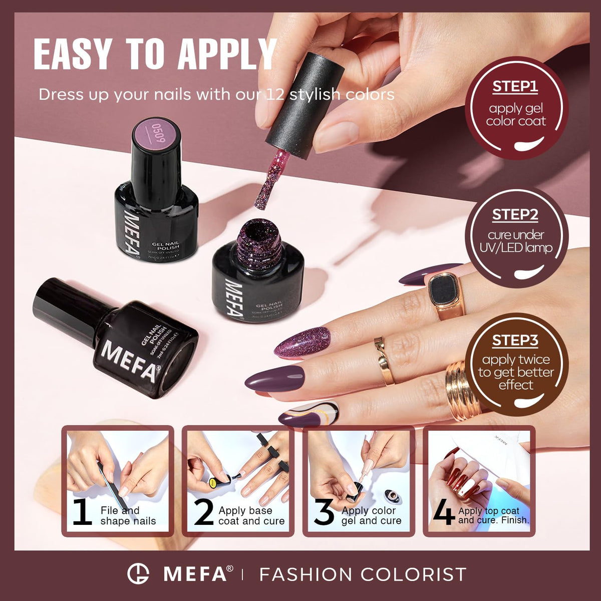 MEFA cured dark red manicure on hand illustrating durable, salon-quality finish