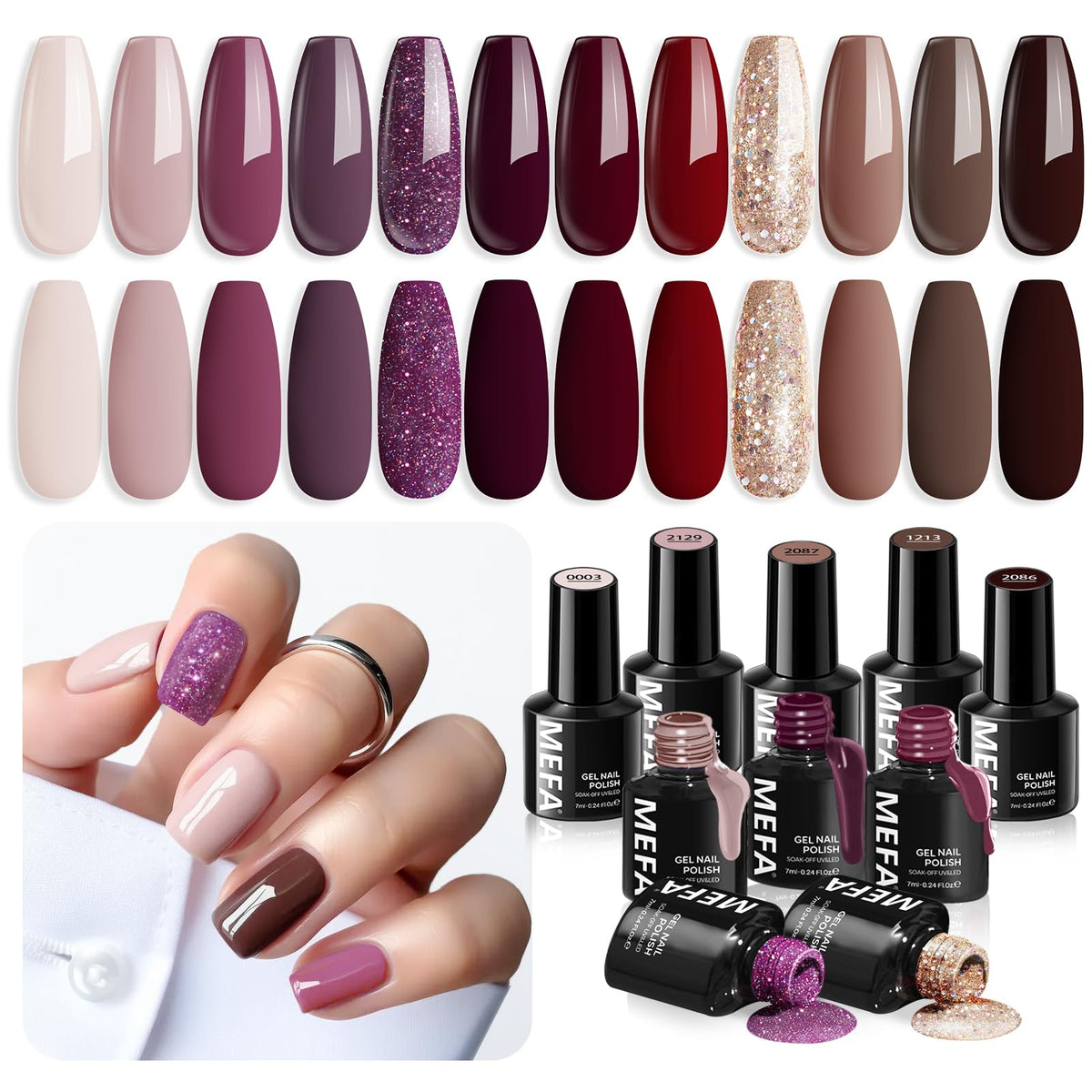 MEFA front packaging showing all 12 gel polish bottles and colors, organized neatly