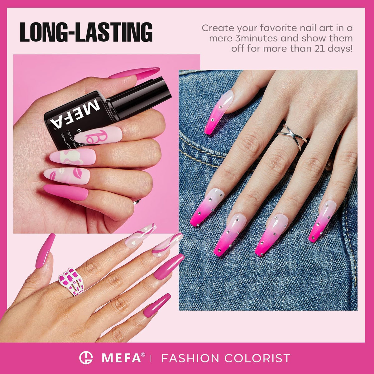 MEFA swatch strip of six pink tones for quick color choice