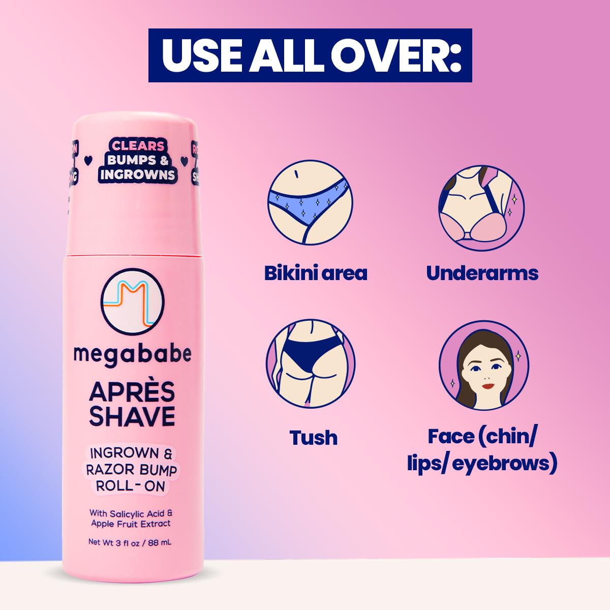 Megababe applied underarm to calm irritation and reduce ingrown hairs