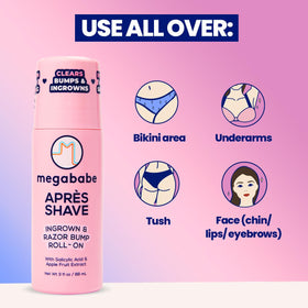 Megababe applied underarm to calm irritation and reduce ingrown hairs