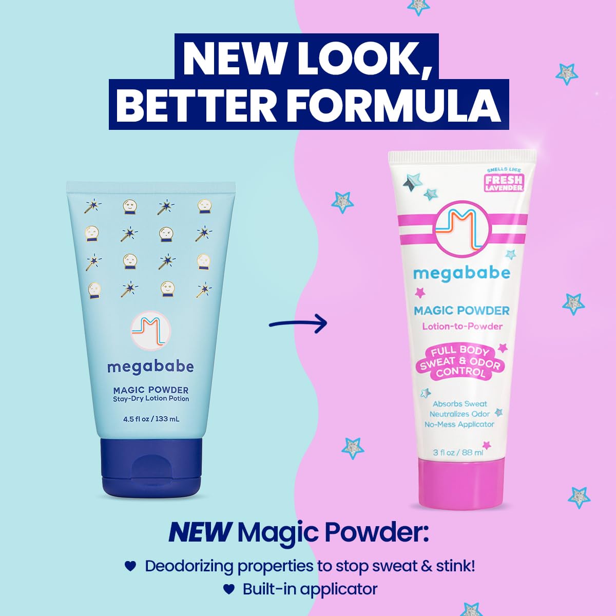 Megababe before and after on skin showing drier, fresher finish