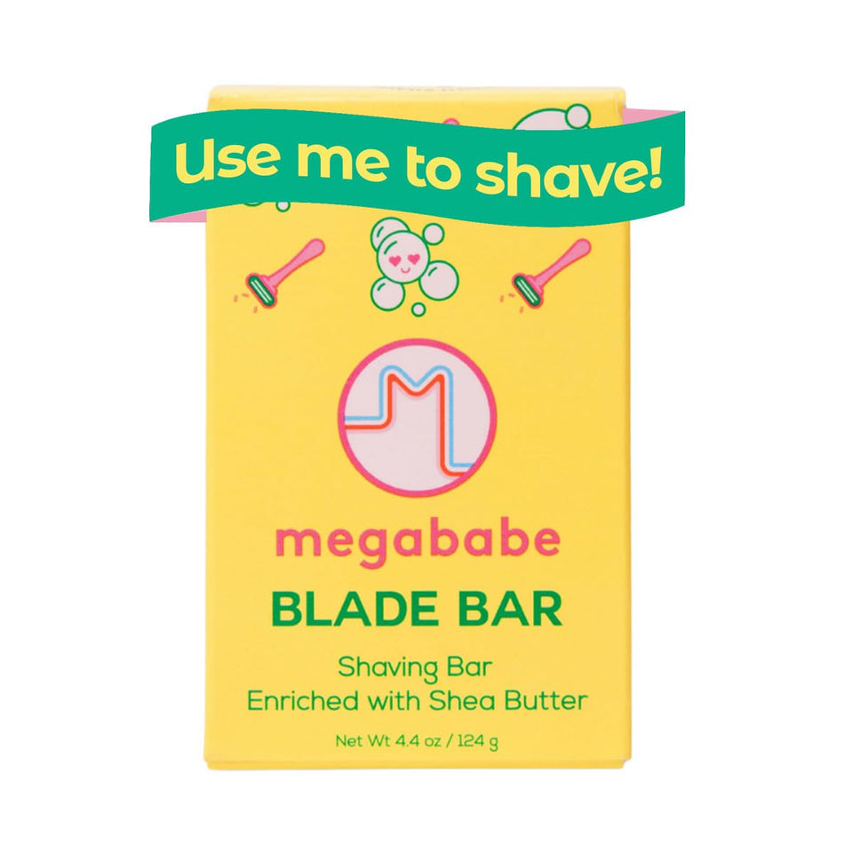 Megababe Blade Bar front package showing compact shaving bar and branding benefits