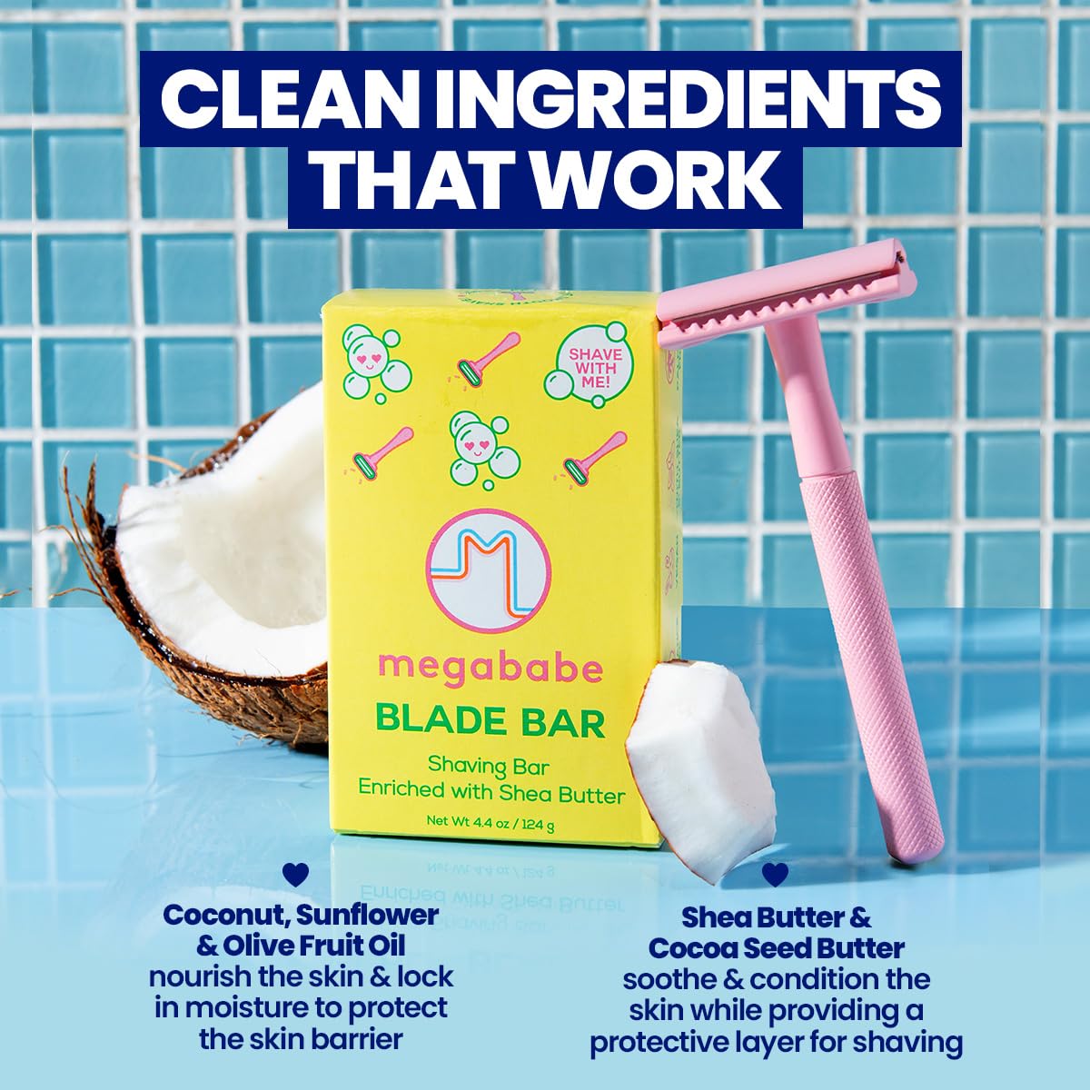 Megababe Blade Bar in hand applying milky lather for smooth, hydrated shave