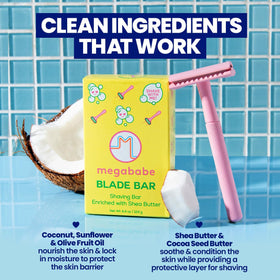 Megababe Blade Bar in hand applying milky lather for smooth, hydrated shave