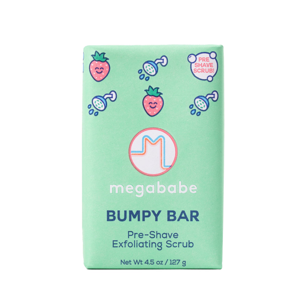 Megababe Bumpy Bar front view showing product and branding for eco-friendly pre-shave prep