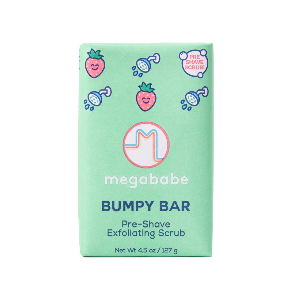 Megababe Bumpy Bar front view showing product and branding for eco-friendly pre-shave prep