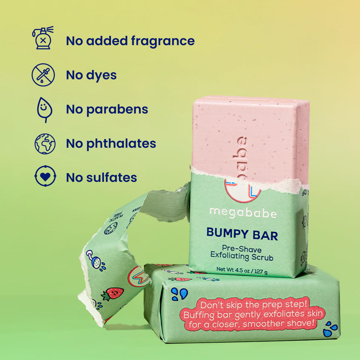 Megababe Bumpy Bar recyclable packaging label emphasizing plastic-free, sustainable design