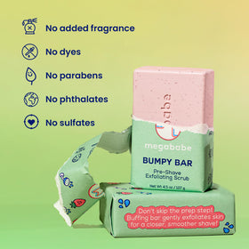 Megababe Bumpy Bar recyclable packaging label emphasizing plastic-free, sustainable design