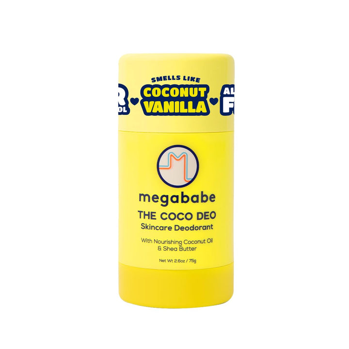 Megababe Coco Deo front packaging showing coconut vanilla scent and 72 hour benefit