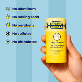 Megababe Coco Deo label close-up highlighting aluminum-free and dermatologist-approved claims