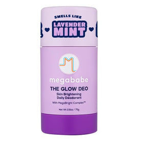 Megababe Glow Deo front stick showing packaging and benefit of clean protection