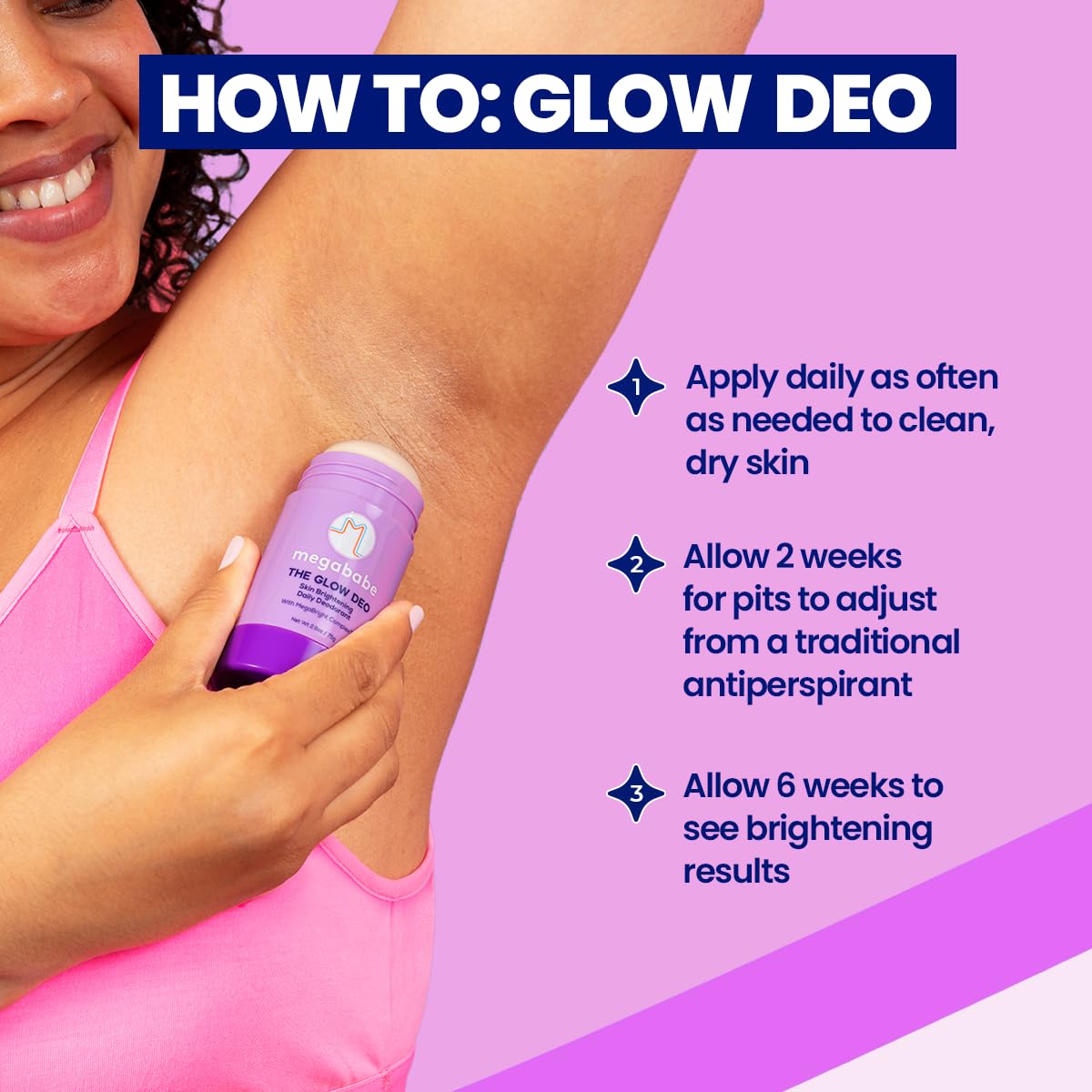 Megababe Glow Deo on bathroom counter in lifestyle scene showing daily-use benefit