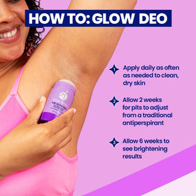 Megababe Glow Deo on bathroom counter in lifestyle scene showing daily-use benefit