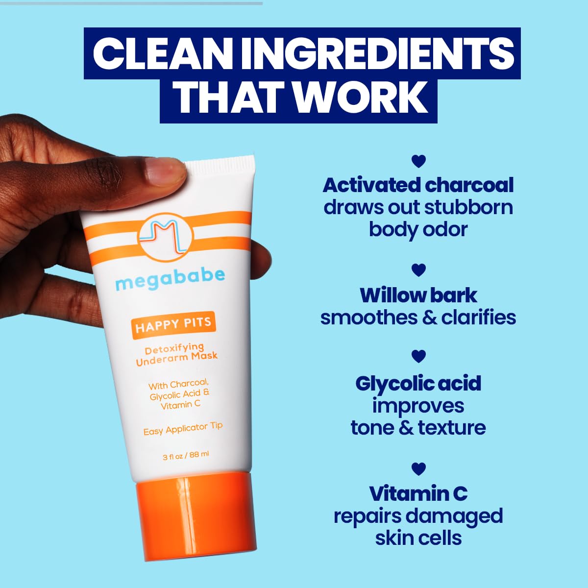 Megababe charcoal mask texture closeup highlighting detox formula and exfoliation
