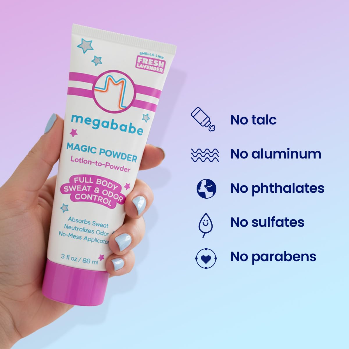 Megababe label close-up highlighting odor-control and skin-safe formula