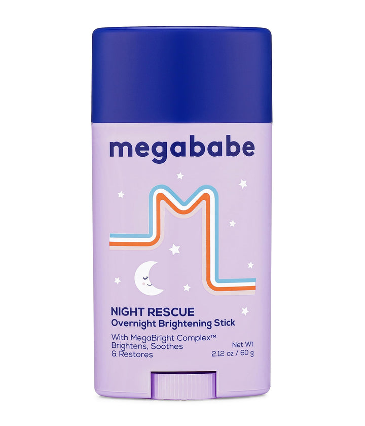 Megababe front-facing Night Rescue stick showing clean travel-ready design and brightening benefits