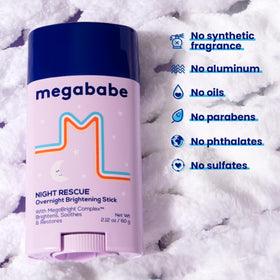 Megababe Night Rescue on bathroom shelf lifestyle image showing nightly routine integration benefit