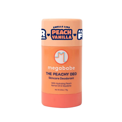 Megababe Peachy Deo front stick shows peach-vanilla scent and long-lasting protection