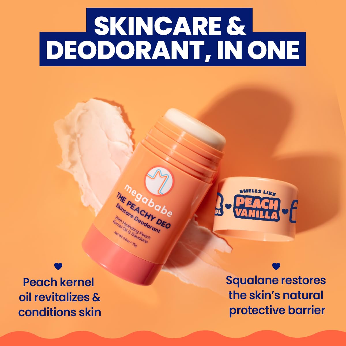 Megababe Peachy Deo in hand for scale showing convenient travel-friendly size