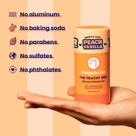 Megababe Peachy Deo on bathroom shelf styled for everyday skincare routine